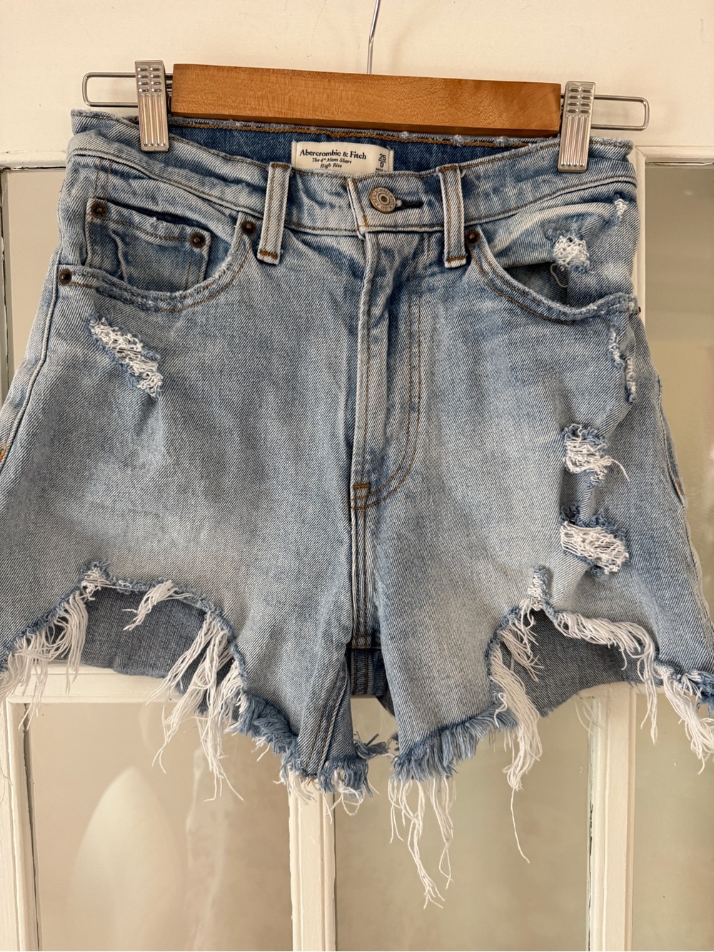 Abercrombie & Fitch Curve Love Mom Light Blue Distressed Denim Shorts